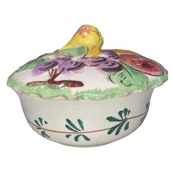 Hand-Painted Italian Ceramic Fruit-Themed Covered Dish - Picture 6 of 8